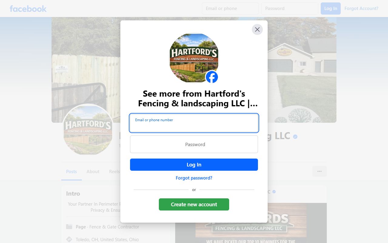 Hartford's Fencing & landscaping LLC website screenshot